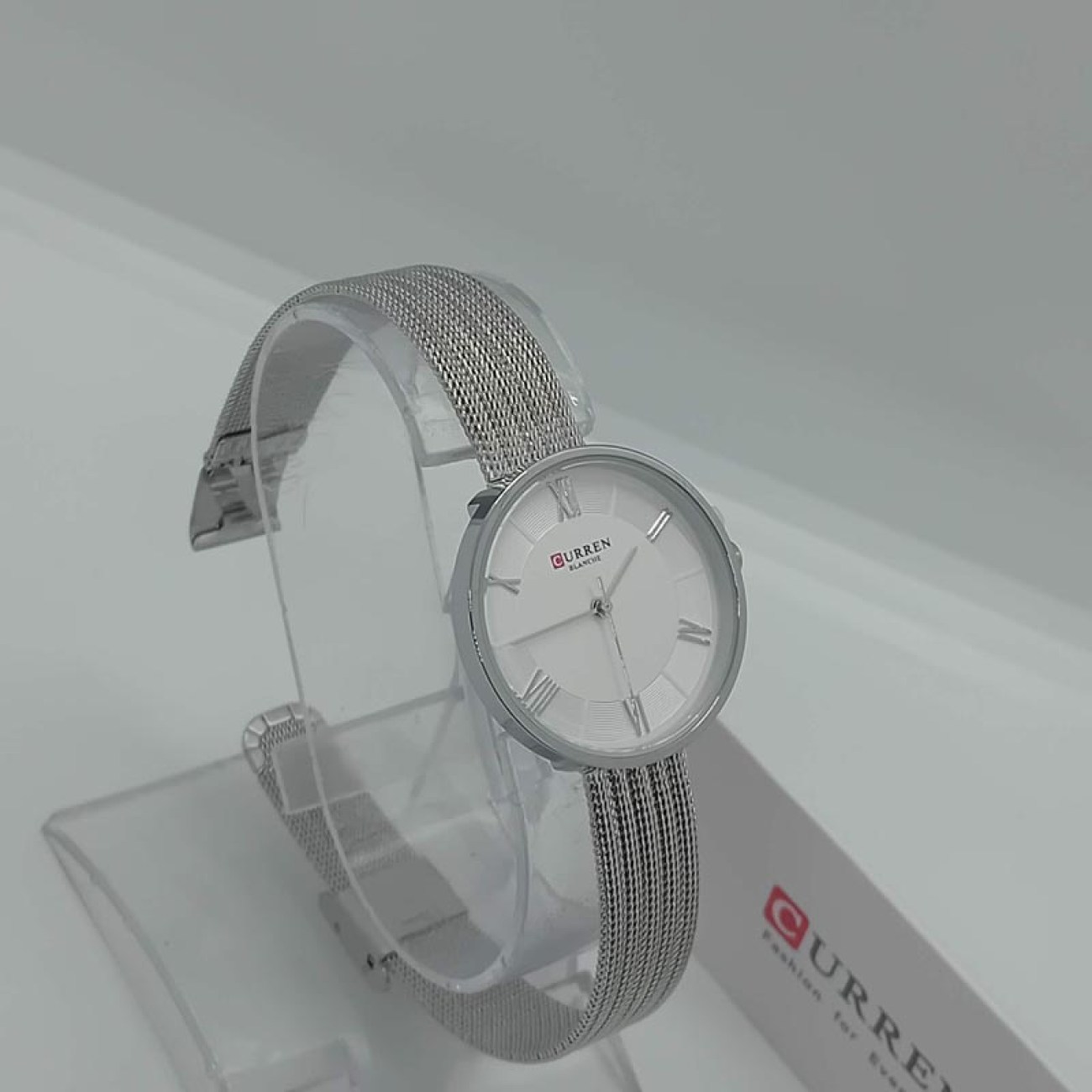 CURREN ρολόι γυναικείος στενό μπρασελέ "ψάθα" ασημί