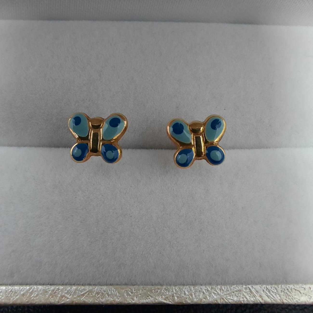 Χρυσά σκουλαρίκια Κ14 γαλάζια πεταλούδα