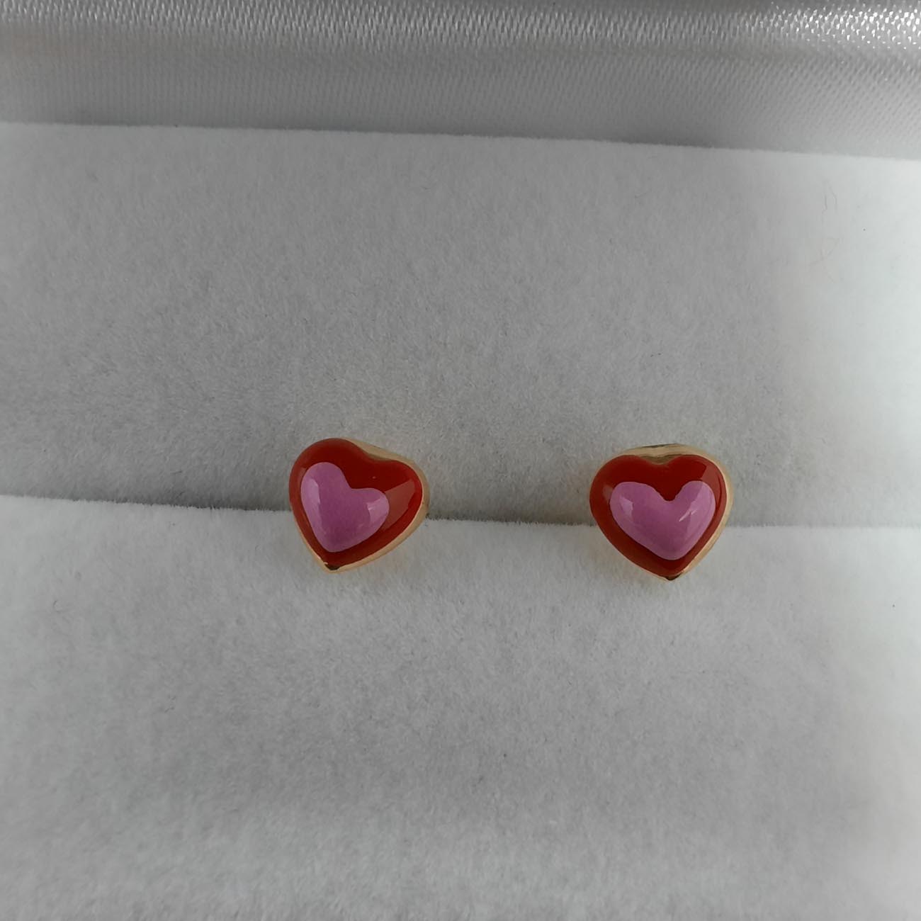 Χρυσά σκουλαρίκια Κ14 κόκκινο σμάλτο καρδιές 